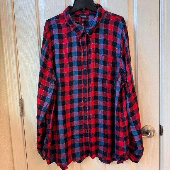 NWT Lucky Brand Red Blue Twill Plaid Casual Buttoned Down Relaxed Fit Shirt XL - Picture 4 of 15